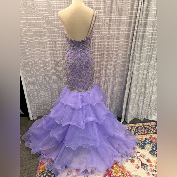 Rachel Allan Lavender One-Shoulder Ruffled Mermaid Gown - Picture 6 of 8